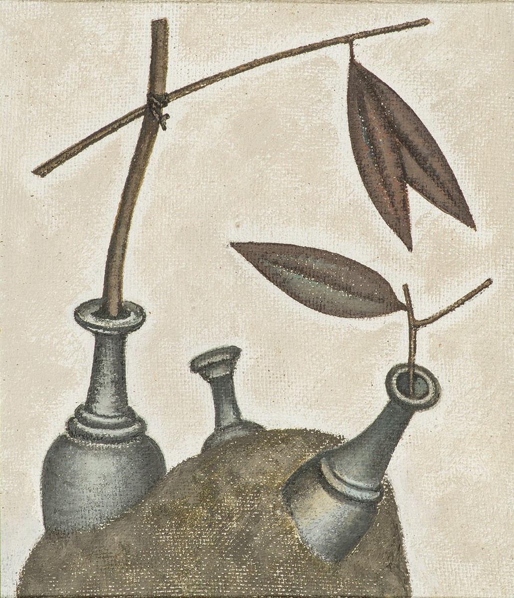 Still life with bottles and branches.